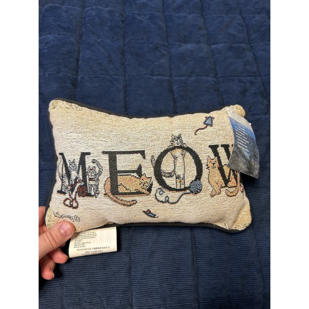 Vintage Cat Tapestry Pillow Meow 11X8 Decorative Cottage Cat Lady New